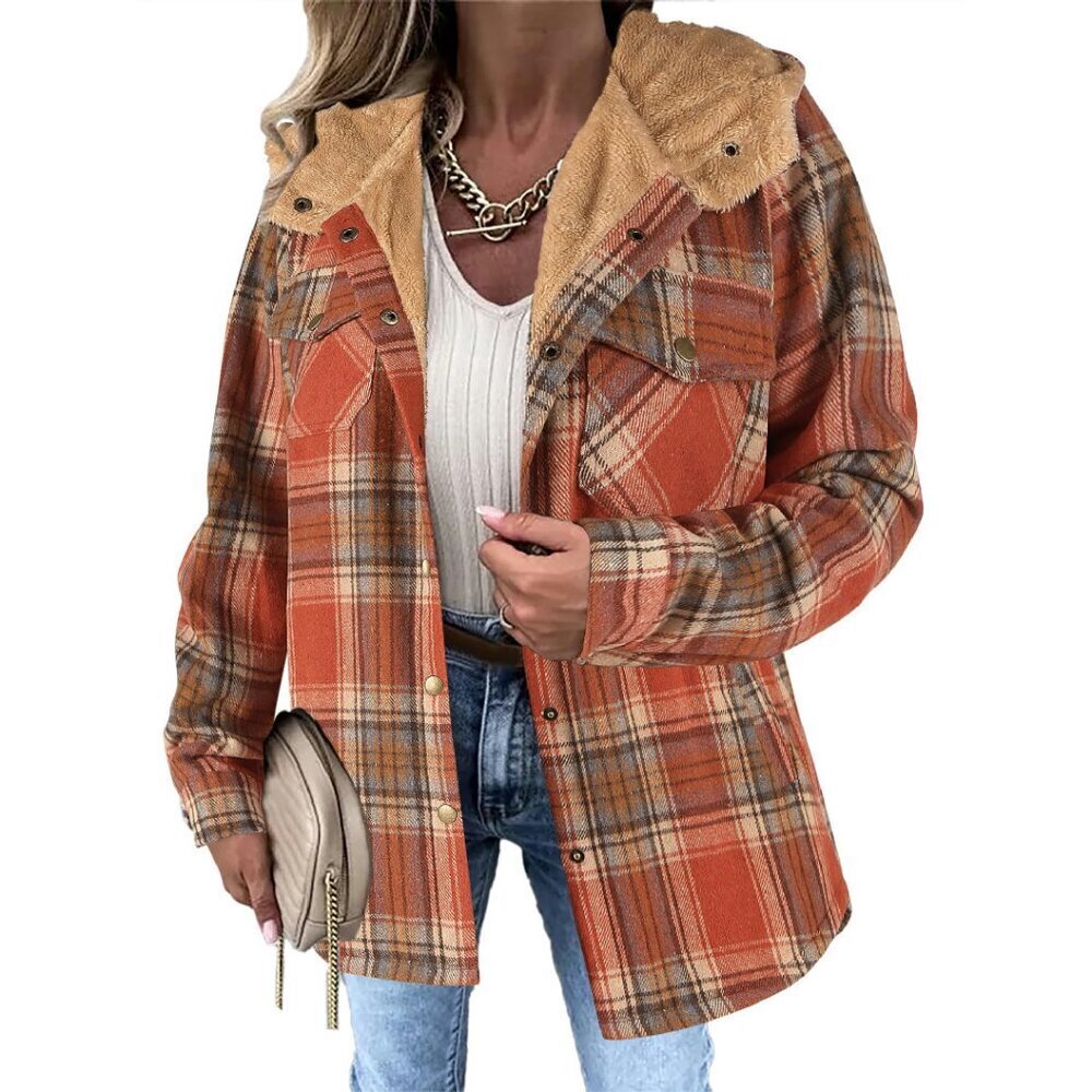 Women's Plaid Shacket Hooded Fleece Jacket Long Sleeve Button Front - Picture 1 of 8